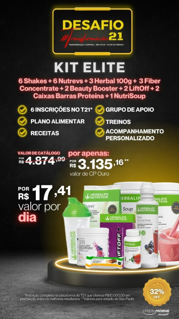 Combo Kit Elite - 6 Shakes + 6 Nutrevs + 3 Herbal 100g + 3 Fiber Concentrate + 2 Beauty Bosster + 2LiftOff + 2 Caixas Barras Proteína + 1Nutrisoup